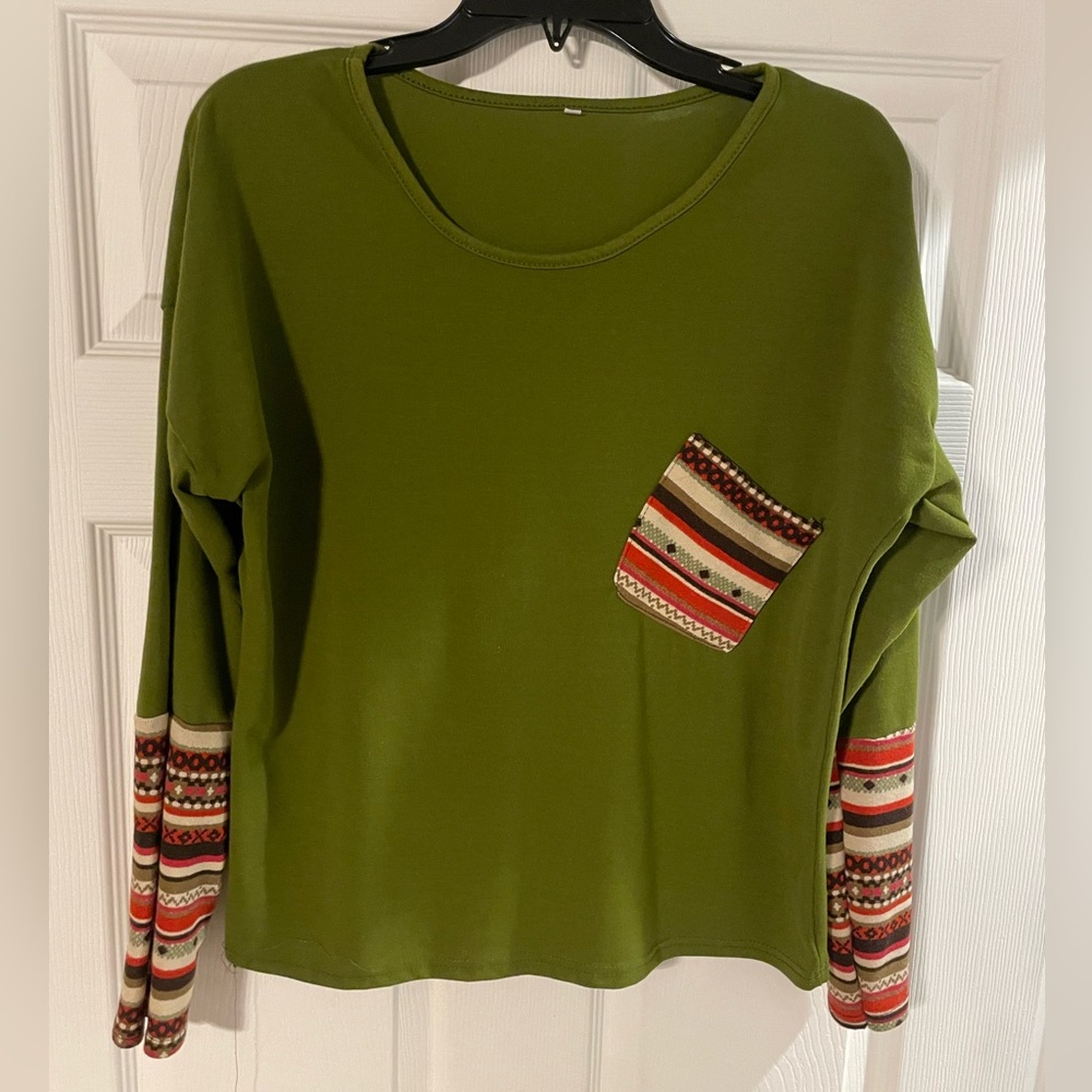 Olive Green Women's Top with Patterned Sleeves